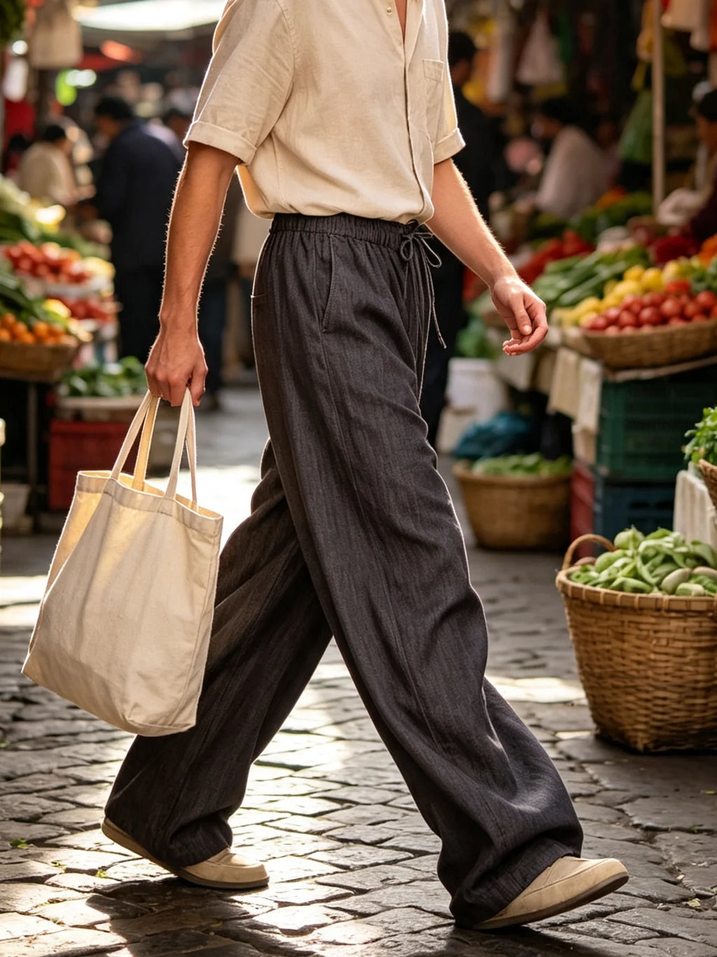 Men's Wide Leg Jeans Baggy Denim Pants Hip Hop Skater Trousers Casual Loose Fit Elastic Waist Drawstring Lightweight Slacks