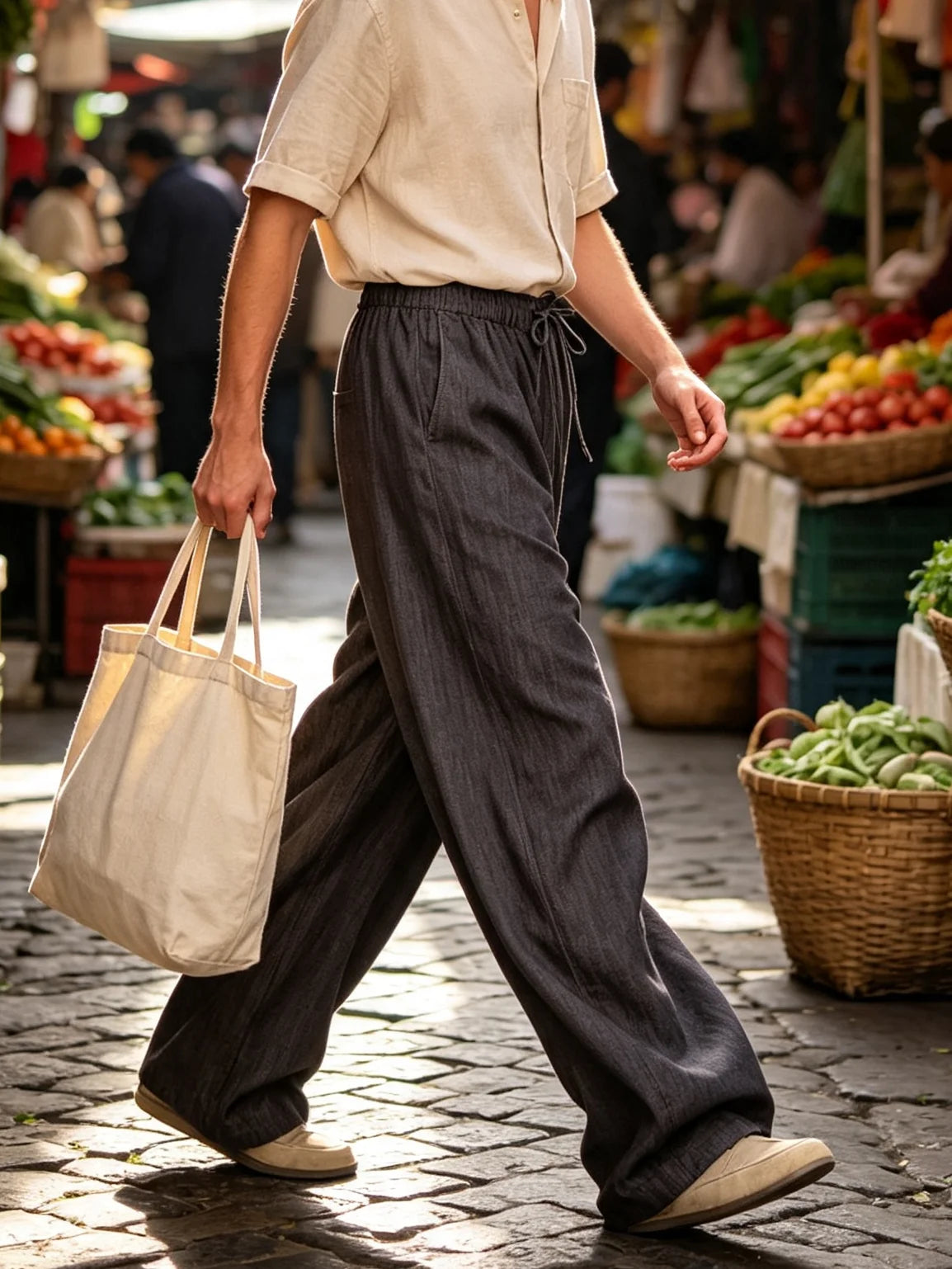 Men's Wide Leg Jeans Baggy Denim Pants Hip Hop Skater Trousers Casual Loose Fit Elastic Waist Drawstring Lightweight Slacks