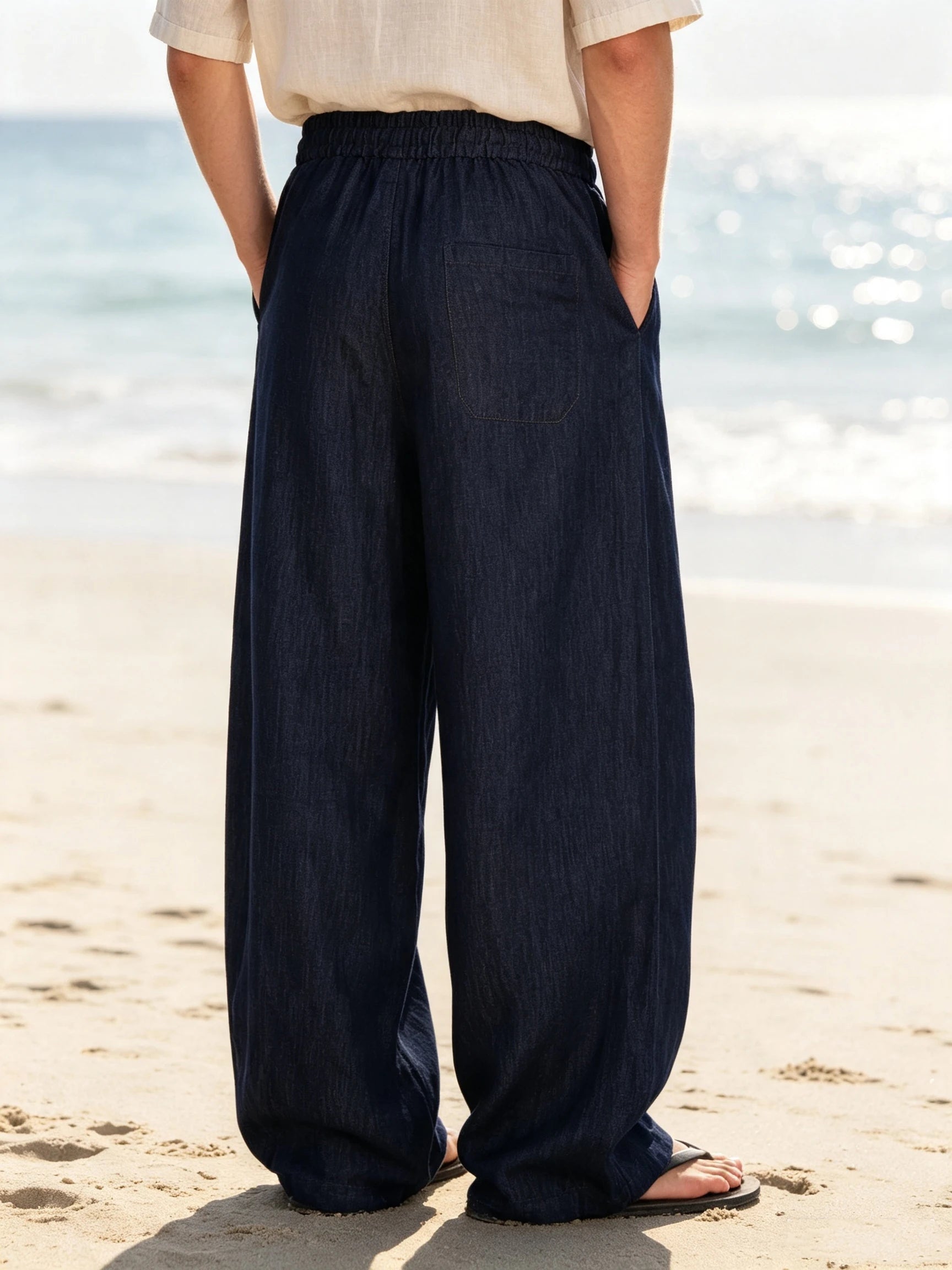 Men's Wide Leg Jeans Baggy Denim Pants Hip Hop Skater Trousers Casual Loose Fit Elastic Waist Drawstring Lightweight Slacks