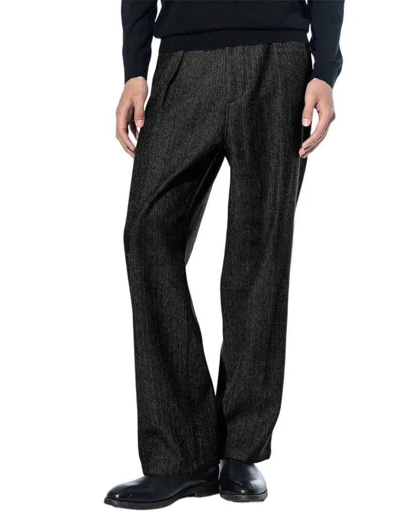 Men's Herringbone Tweed Dress Suit Pants Wool Blend High-Waisted Regular Fit Pleated Trousers Casual Retro Straight-Leg Slacks