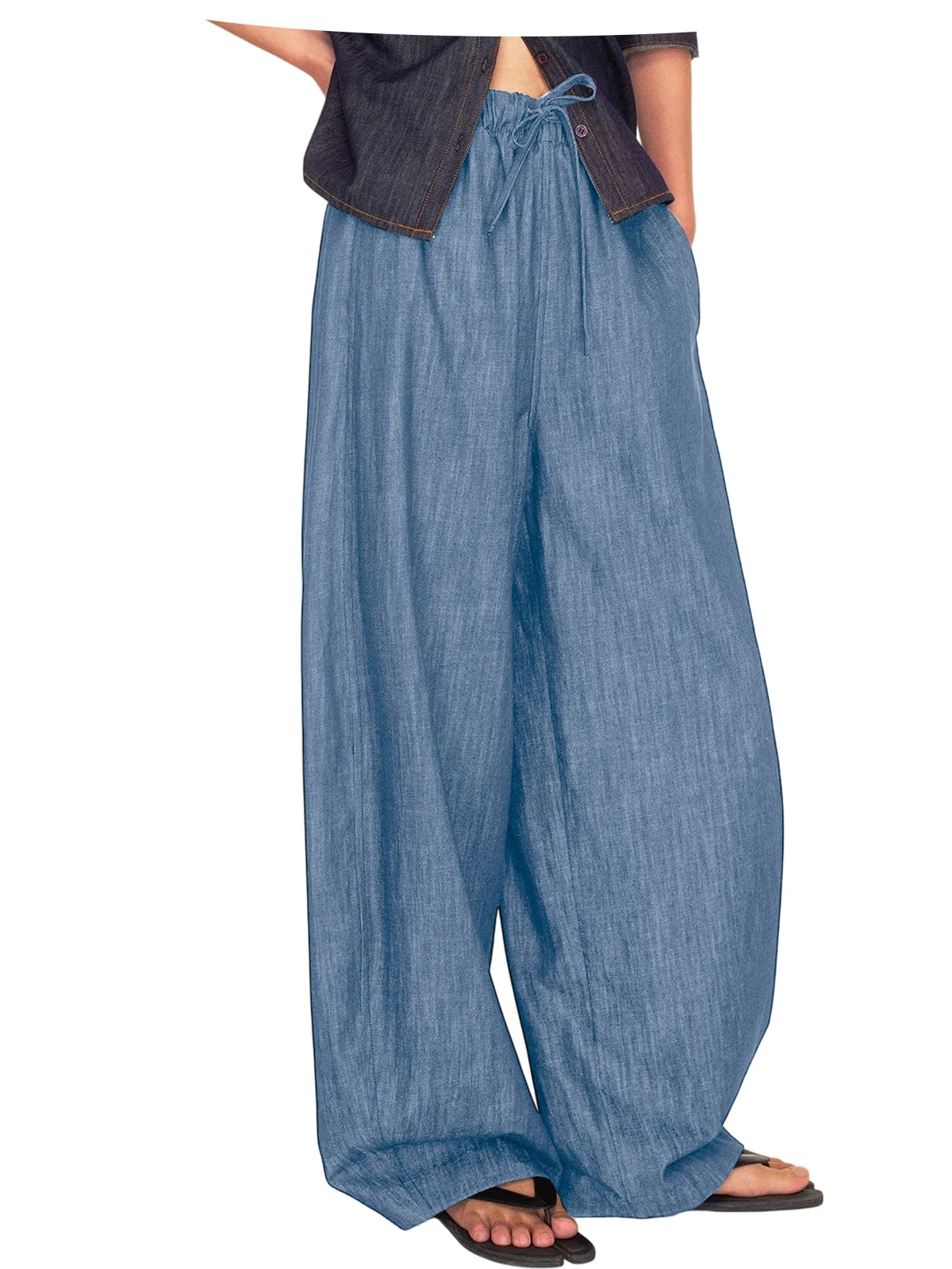 Men's Wide Leg Jeans Baggy Denim Pants Hip Hop Skater Trousers Casual Loose Fit Elastic Waist Drawstring Lightweight Slacks