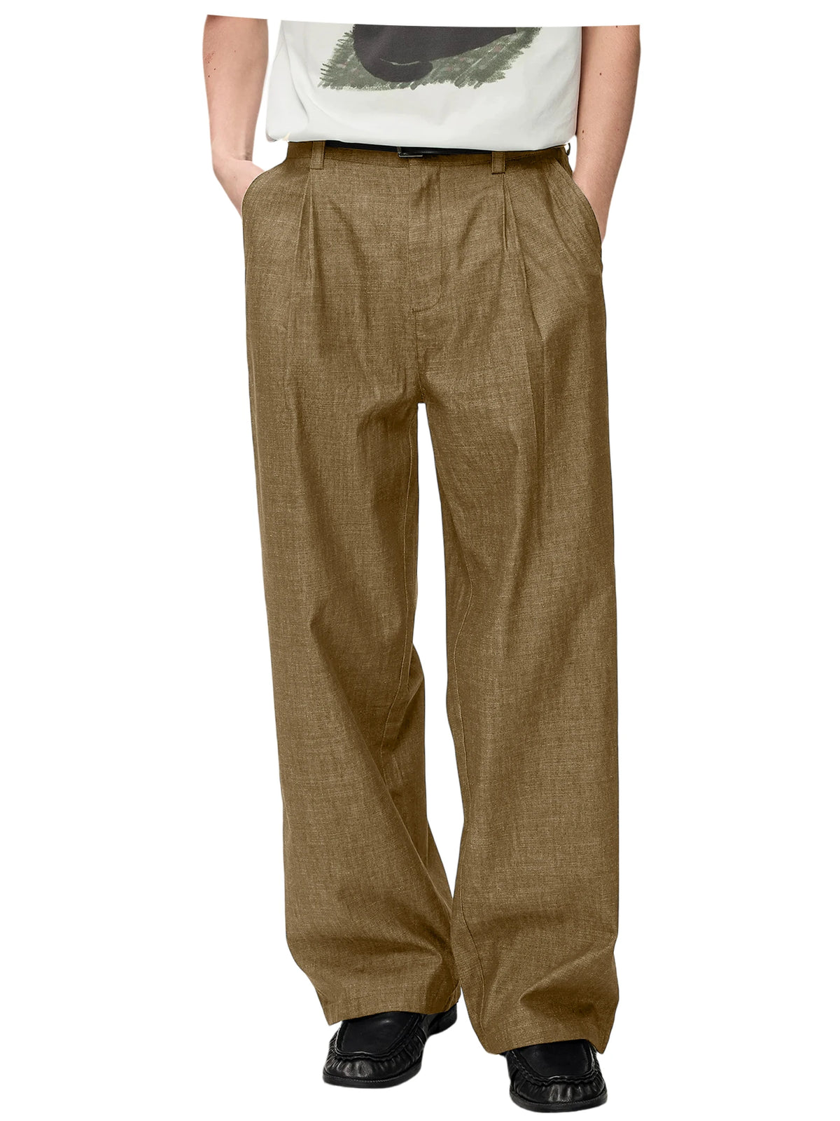 Men's Linen Wide Leg Dress Pants Casual Loose Fit Elastic Waist Lightweight Pleated Trousers Summer Beach Slacks Daily Wear