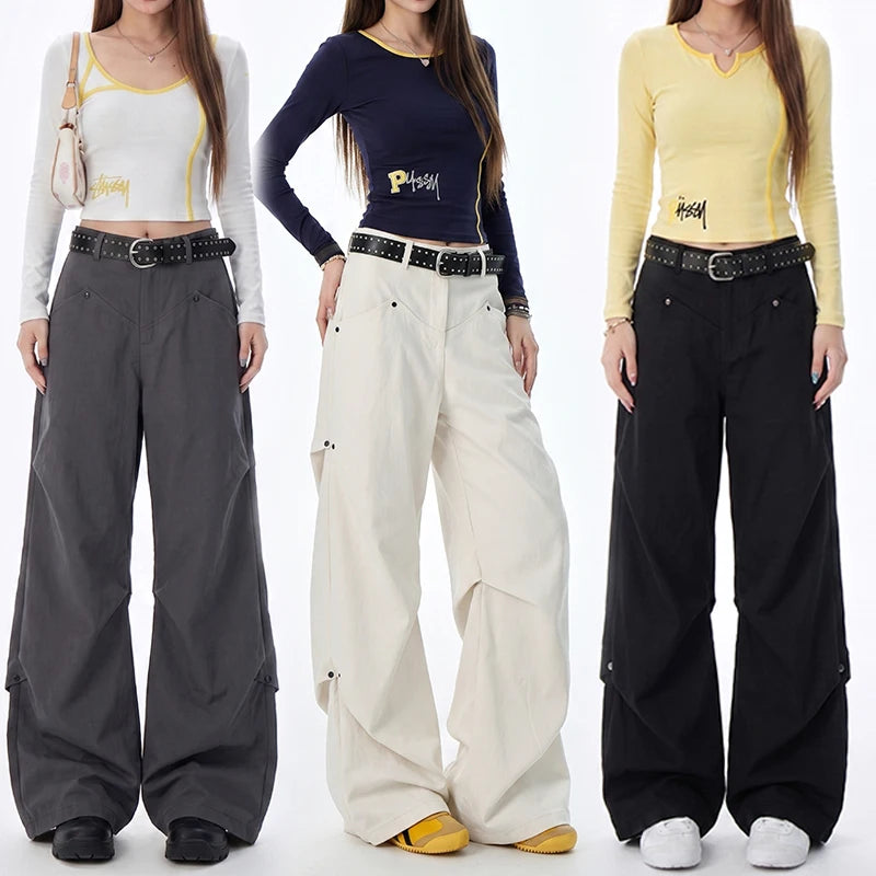 Multi-Pocket Casual Pants Female Straight Cargo Trousers Spring Summer Versatile Solid Color Pants Trendy High Street Trousers