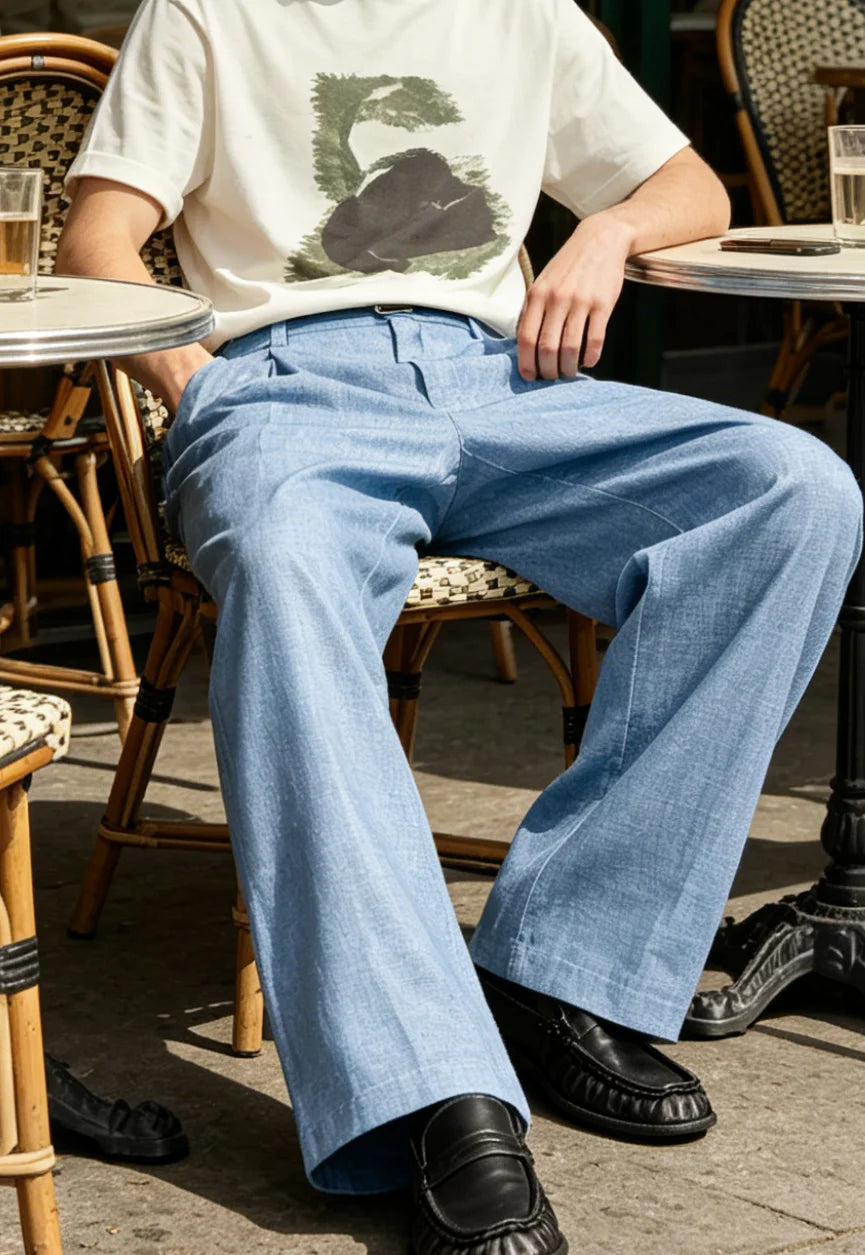 Men's Linen Wide Leg Dress Pants Casual Loose Fit Elastic Waist Lightweight Pleated Trousers Summer Beach Slacks Daily Wear