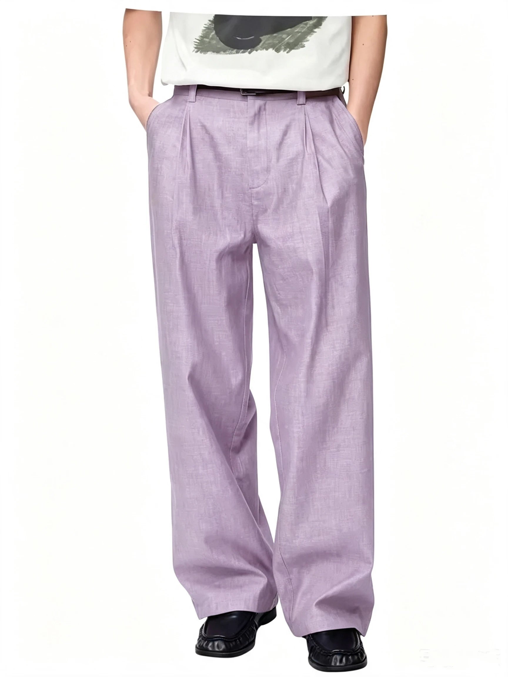 Men's Linen Wide Leg Dress Pants Casual Loose Fit Elastic Waist Lightweight Pleated Trousers Summer Beach Slacks Daily Wear