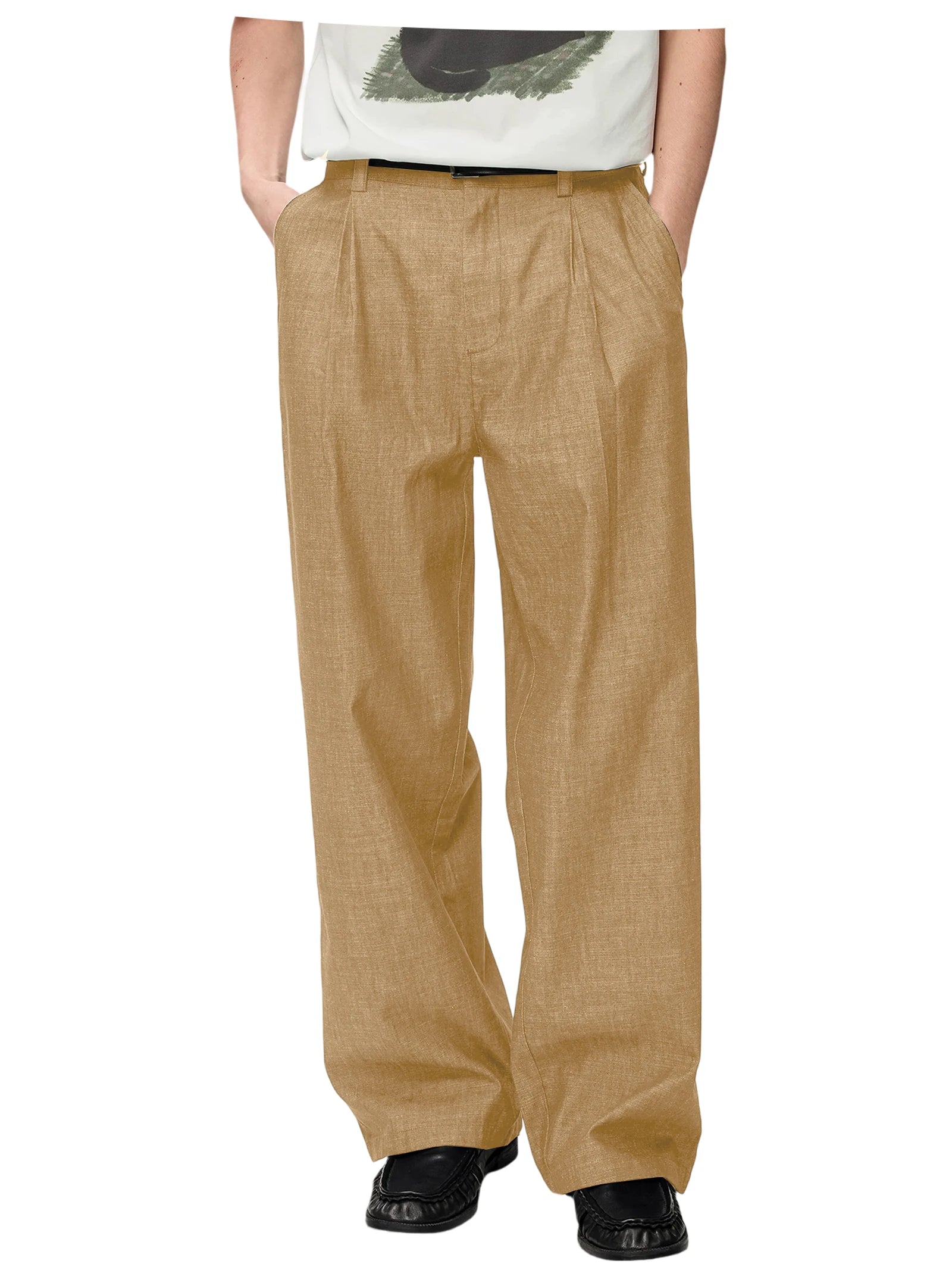 Men's Linen Wide Leg Dress Pants Casual Loose Fit Elastic Waist Lightweight Pleated Trousers Summer Beach Slacks Daily Wear