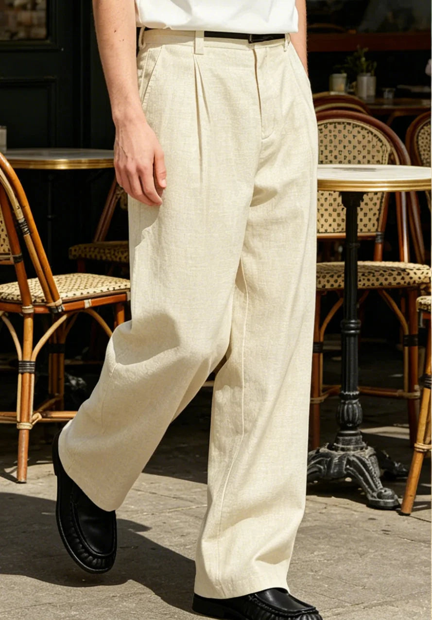 Men's Linen Wide Leg Dress Pants Casual Loose Fit Elastic Waist Lightweight Pleated Trousers Summer Beach Slacks Daily Wear