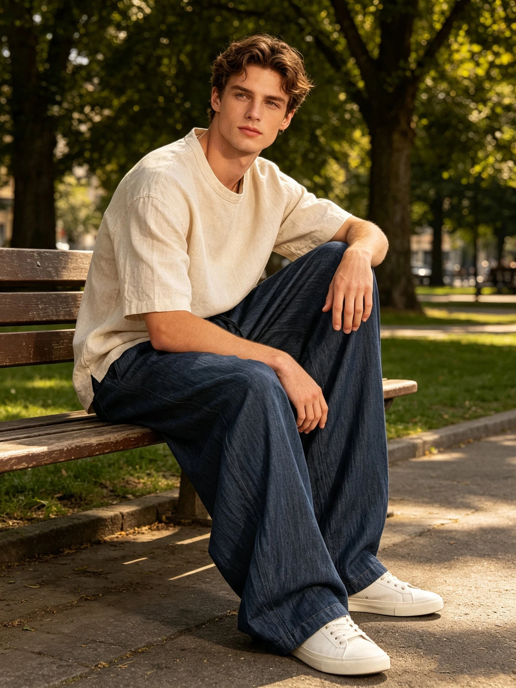 Men's Wide Leg Jeans Baggy Denim Pants Hip Hop Skater Trousers Casual Loose Fit Elastic Waist Drawstring Lightweight Slacks