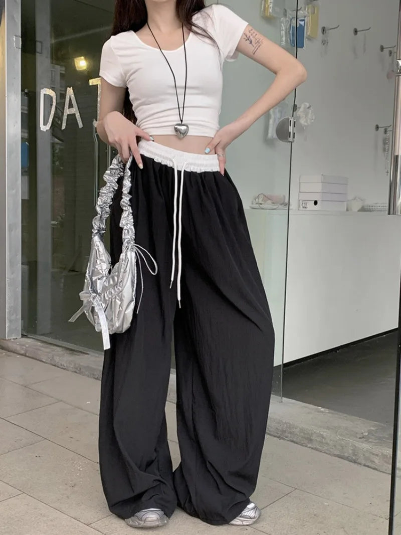 Mix Color Elastic Waist Wide Leg Pants Woman Summer Thin 2026 New High Waisted Casual Trousers Female Solid Loose Long Trousers