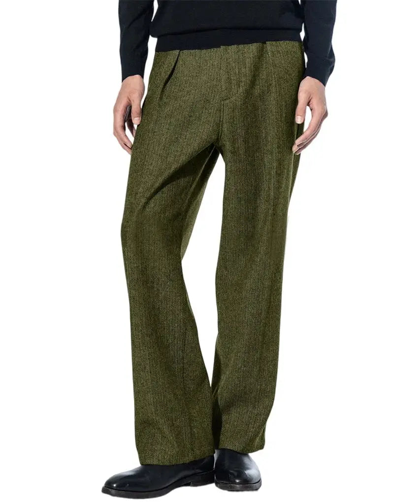 Men's Herringbone Tweed Dress Suit Pants Wool Blend High-Waisted Regular Fit Pleated Trousers Casual Retro Straight-Leg Slacks