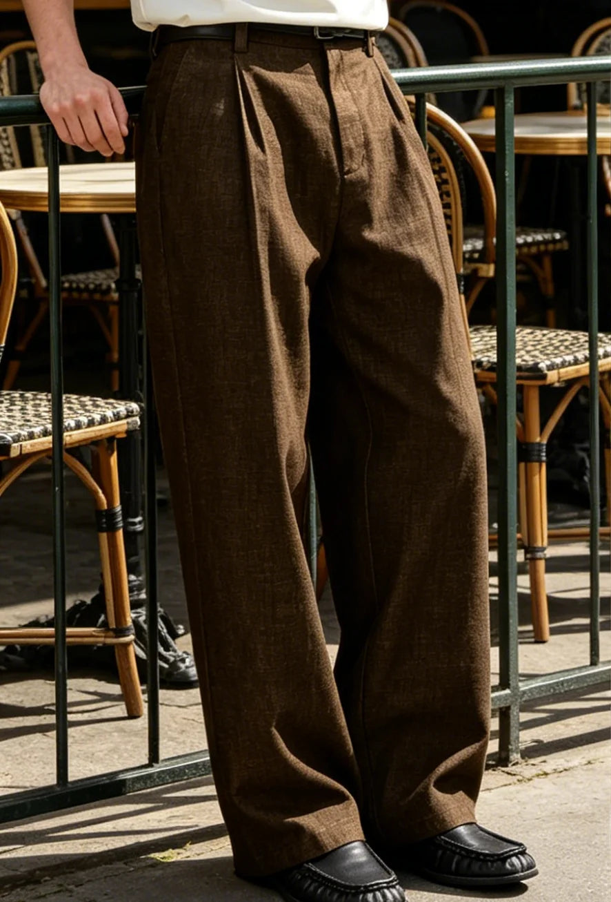 Men's Linen Wide Leg Dress Pants Casual Loose Fit Elastic Waist Lightweight Pleated Trousers Summer Beach Slacks Daily Wear