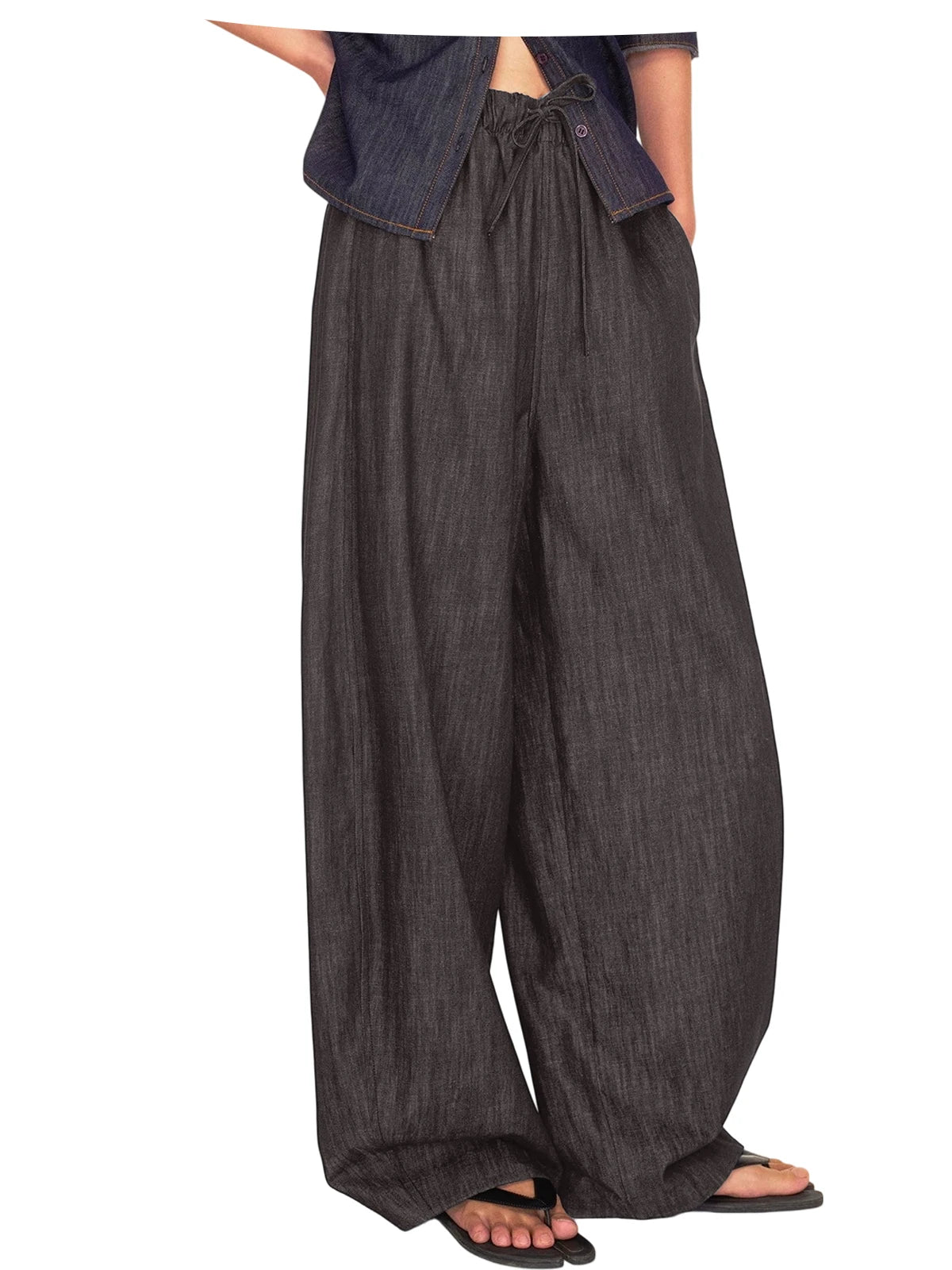 Men's Wide Leg Jeans Baggy Denim Pants Hip Hop Skater Trousers Casual Loose Fit Elastic Waist Drawstring Lightweight Slacks