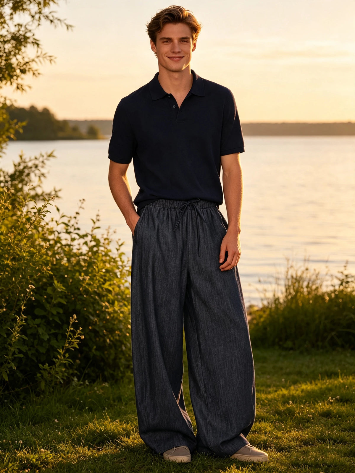 Men's Wide Leg Jeans Baggy Denim Pants Hip Hop Skater Trousers Casual Loose Fit Elastic Waist Drawstring Lightweight Slacks