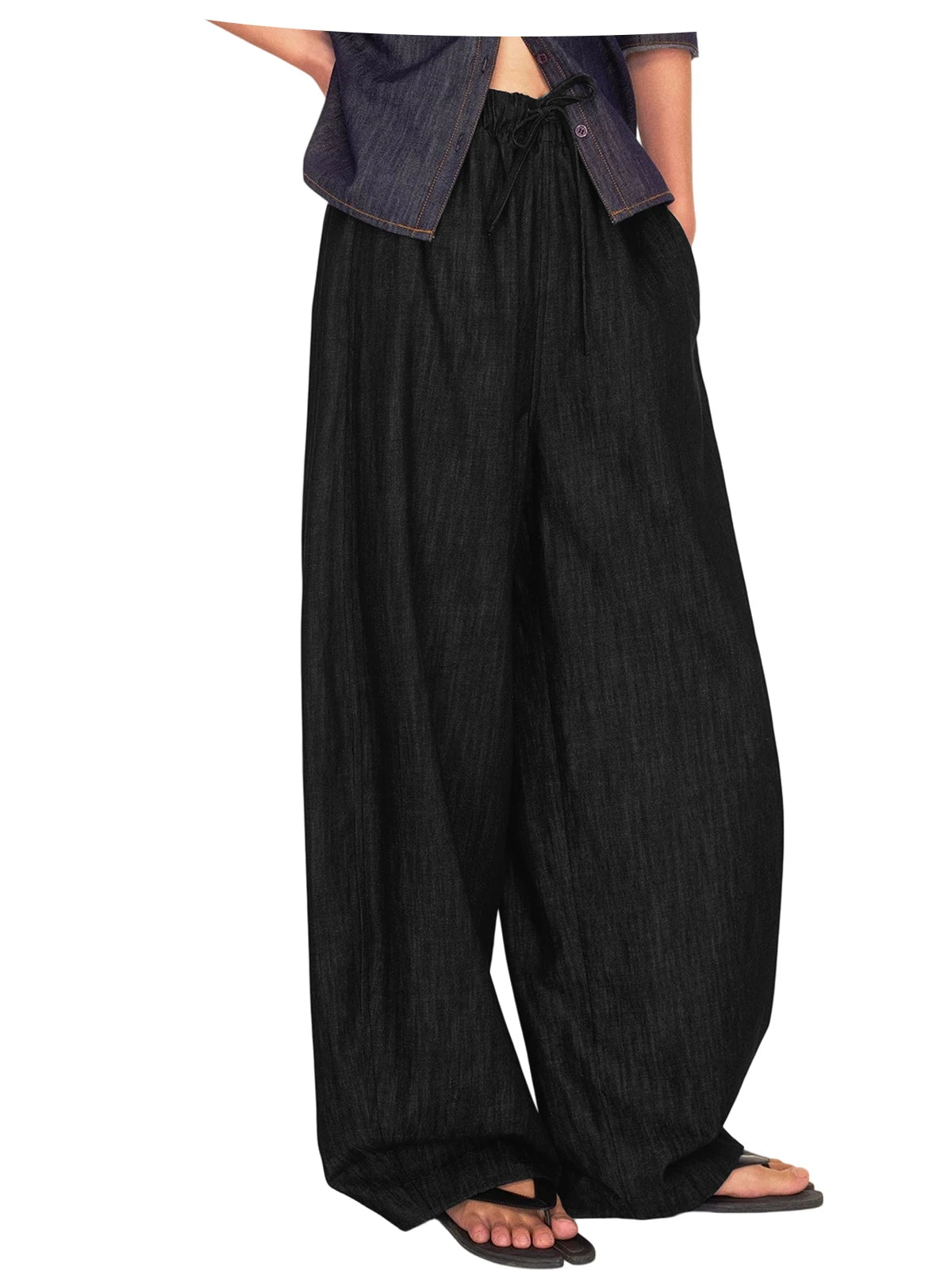 Men's Wide Leg Jeans Baggy Denim Pants Hip Hop Skater Trousers Casual Loose Fit Elastic Waist Drawstring Lightweight Slacks