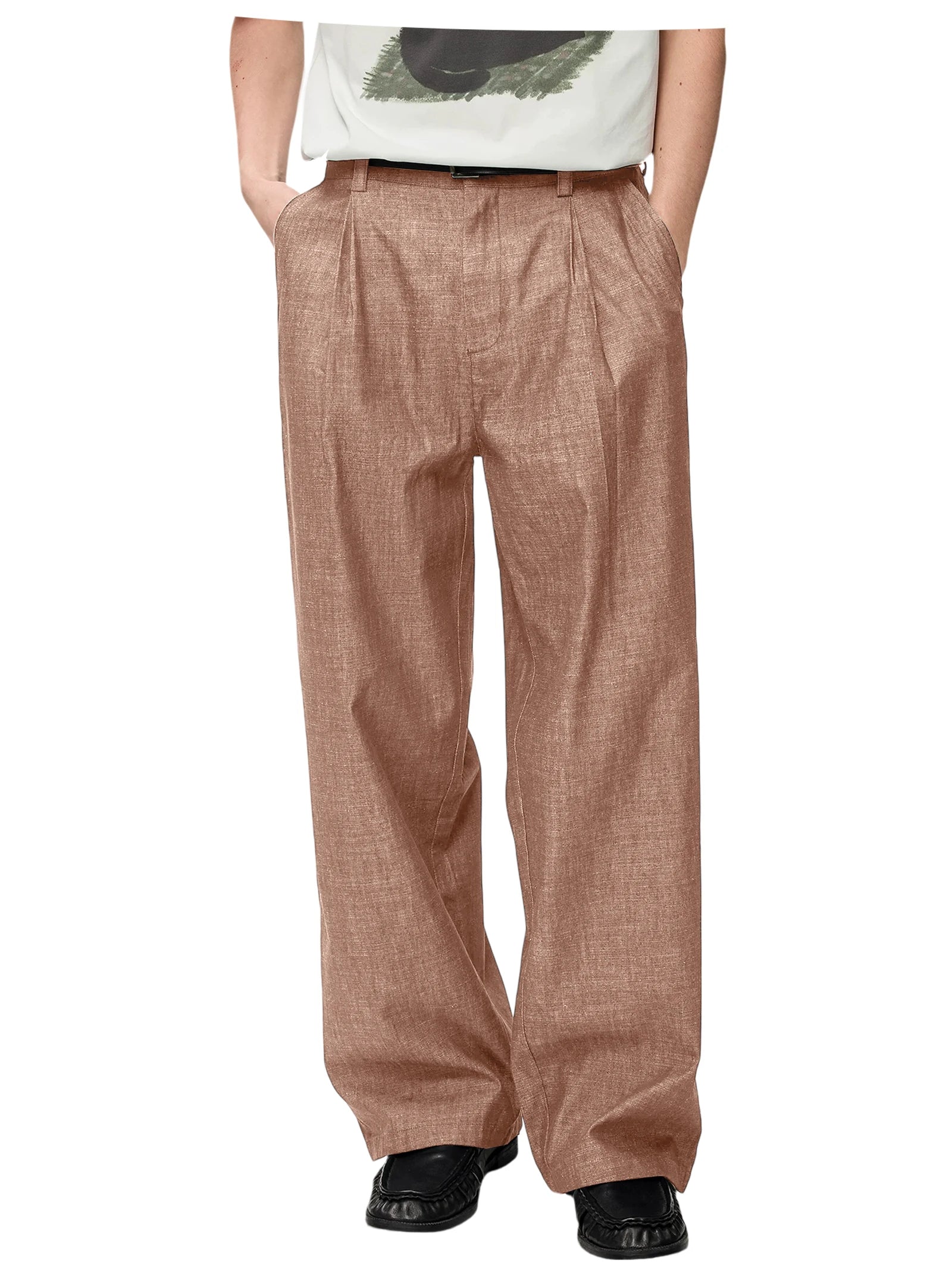 Men's Linen Wide Leg Dress Pants Casual Loose Fit Elastic Waist Lightweight Pleated Trousers Summer Beach Slacks Daily Wear