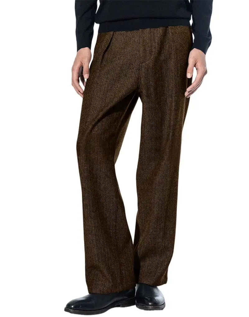 Men's Herringbone Tweed Dress Suit Pants Wool Blend High-Waisted Regular Fit Pleated Trousers Casual Retro Straight-Leg Slacks