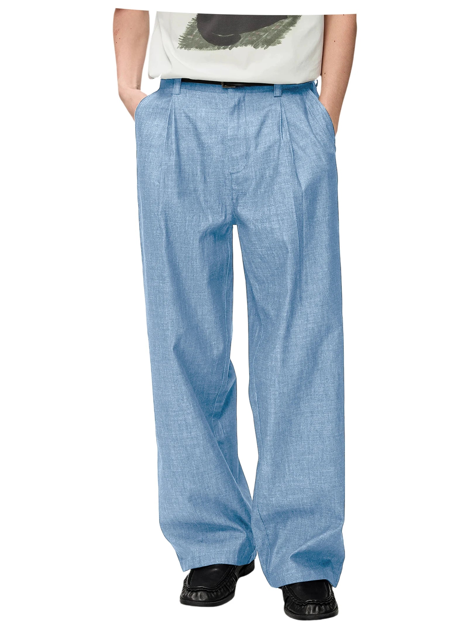 Men's Linen Wide Leg Dress Pants Casual Loose Fit Elastic Waist Lightweight Pleated Trousers Summer Beach Slacks Daily Wear