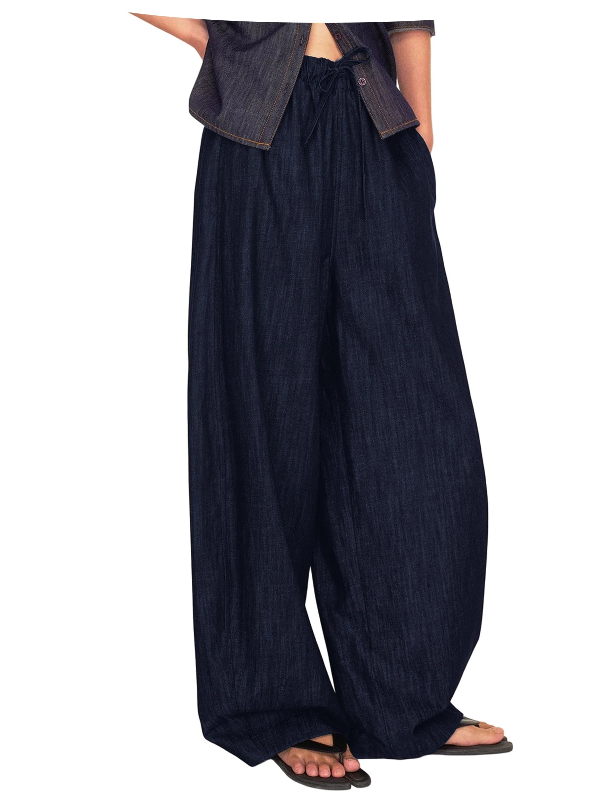 Men's Wide Leg Jeans Baggy Denim Pants Hip Hop Skater Trousers Casual Loose Fit Elastic Waist Drawstring Lightweight Slacks
