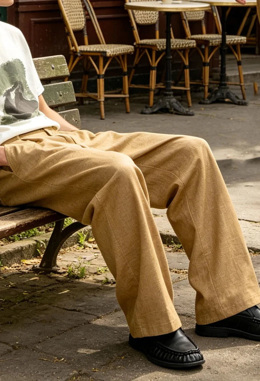Men's Linen Wide Leg Dress Pants Casual Loose Fit Elastic Waist Lightweight Pleated Trousers Summer Beach Slacks Daily Wear