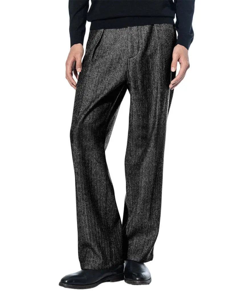 Men's Herringbone Tweed Dress Suit Pants Wool Blend High-Waisted Regular Fit Pleated Trousers Casual Retro Straight-Leg Slacks