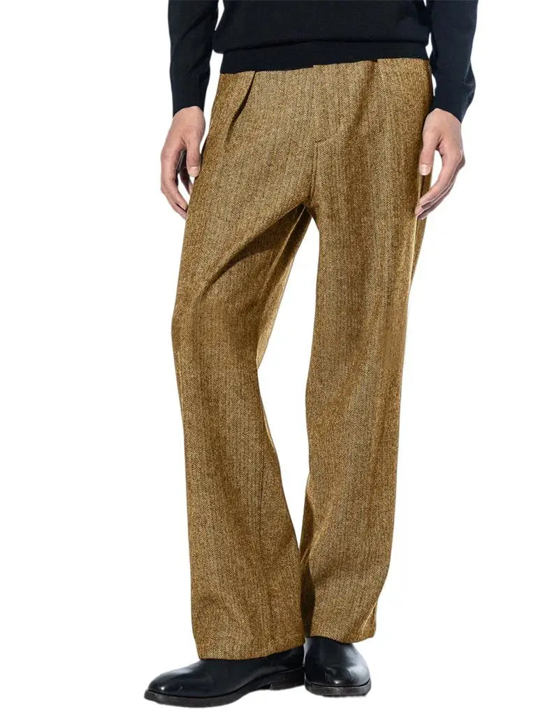 Men's Herringbone Tweed Dress Suit Pants Wool Blend High-Waisted Regular Fit Pleated Trousers Casual Retro Straight-Leg Slacks
