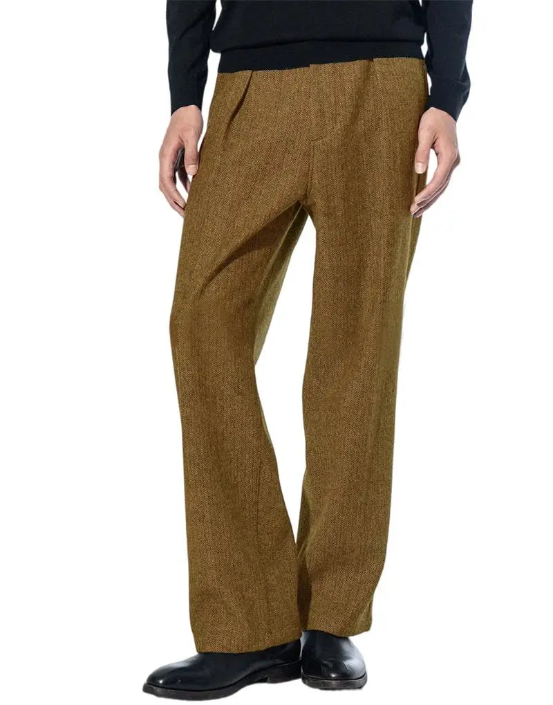 Men's Herringbone Tweed Dress Suit Pants Wool Blend High-Waisted Regular Fit Pleated Trousers Casual Retro Straight-Leg Slacks