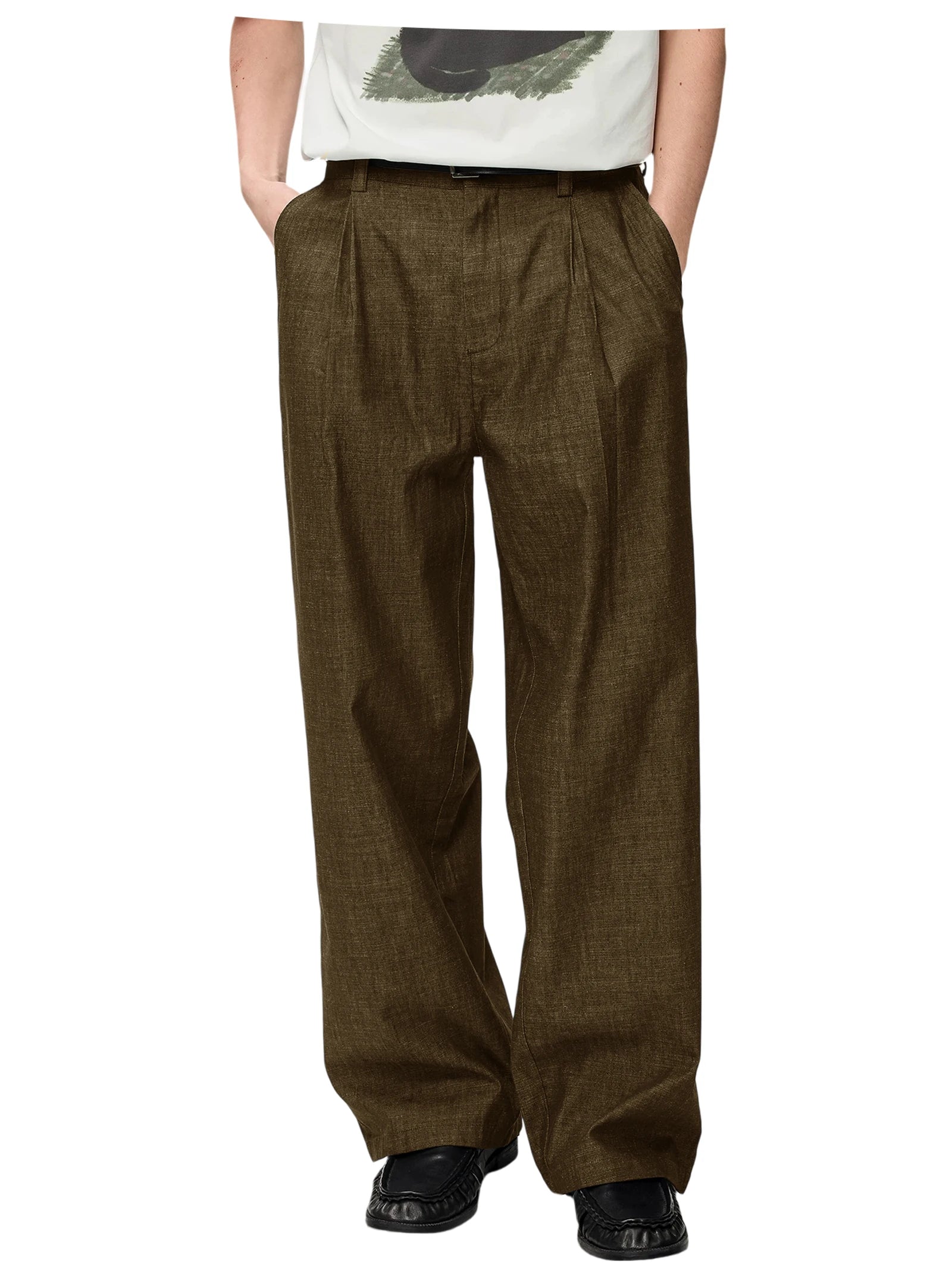 Men's Linen Wide Leg Dress Pants Casual Loose Fit Elastic Waist Lightweight Pleated Trousers Summer Beach Slacks Daily Wear
