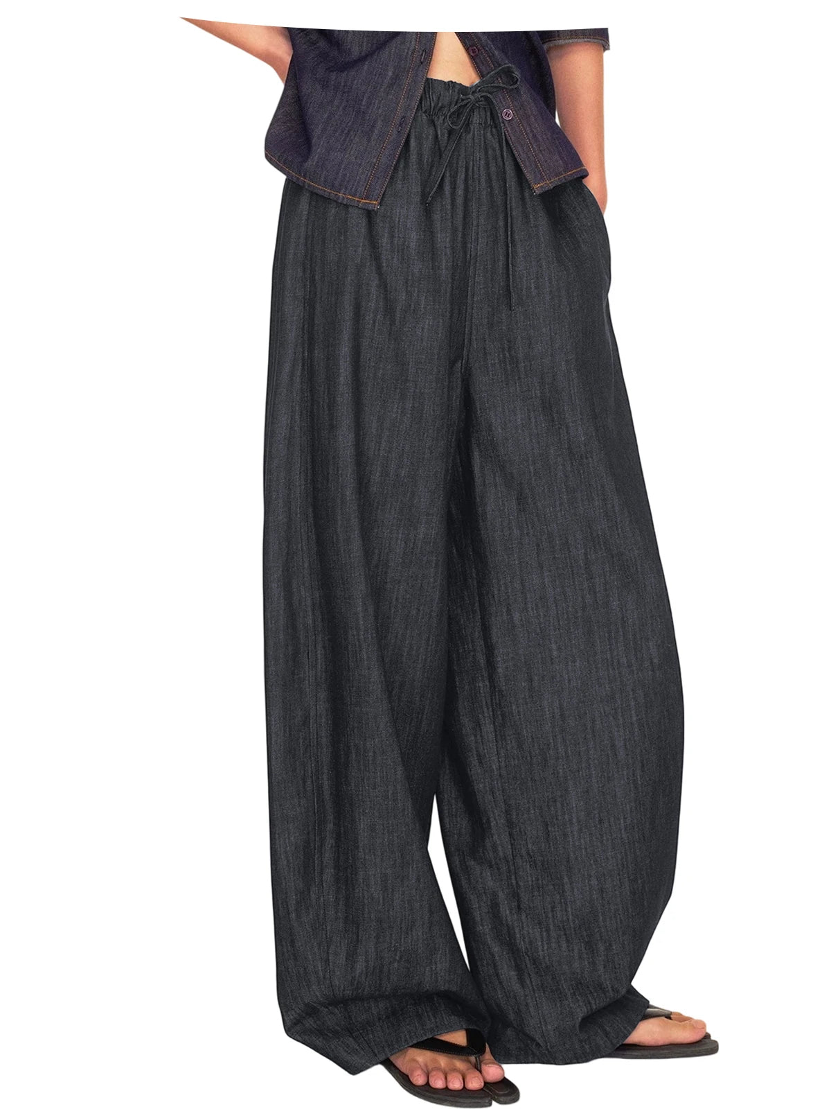Men's Wide Leg Jeans Baggy Denim Pants Hip Hop Skater Trousers Casual Loose Fit Elastic Waist Drawstring Lightweight Slacks
