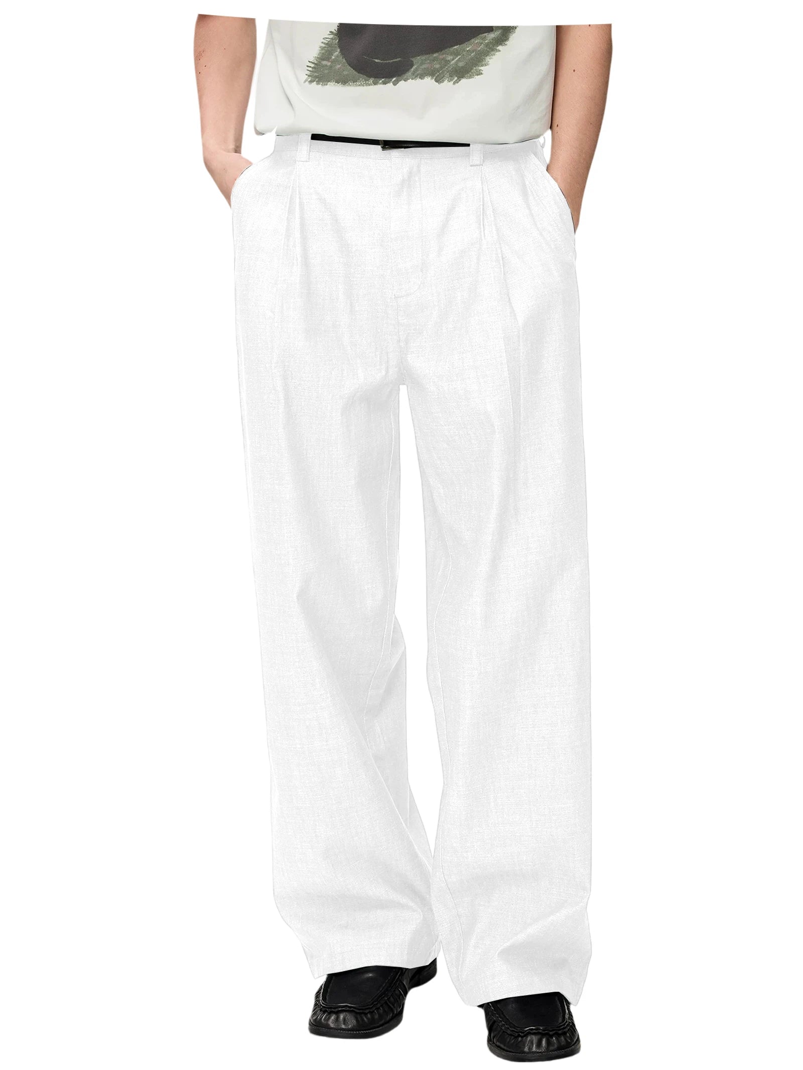 Men's Linen Wide Leg Dress Pants Casual Loose Fit Elastic Waist Lightweight Pleated Trousers Summer Beach Slacks Daily Wear