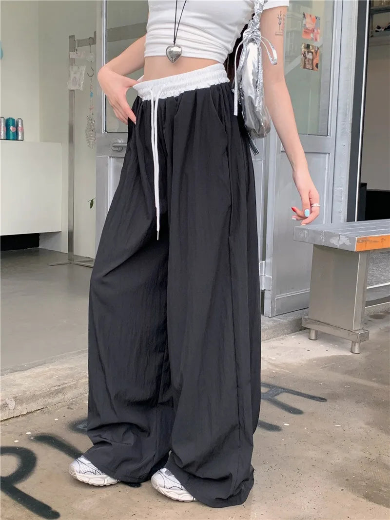 Mix Color Elastic Waist Wide Leg Pants Woman Summer Thin 2026 New High Waisted Casual Trousers Female Solid Loose Long Trousers