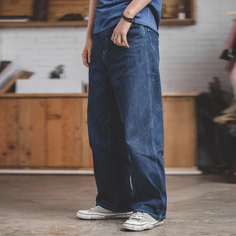 Maden Wide Leg Pants 11.5 Oz Dark Blue Jeans Oversize Pants For Men Size 28 To 36 Baggy Jeans Loose Straight Trousers Workwear