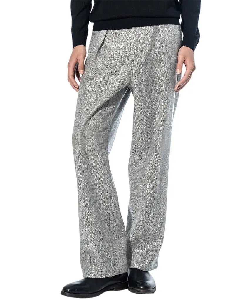 Men's Herringbone Tweed Dress Suit Pants Wool Blend High-Waisted Regular Fit Pleated Trousers Casual Retro Straight-Leg Slacks