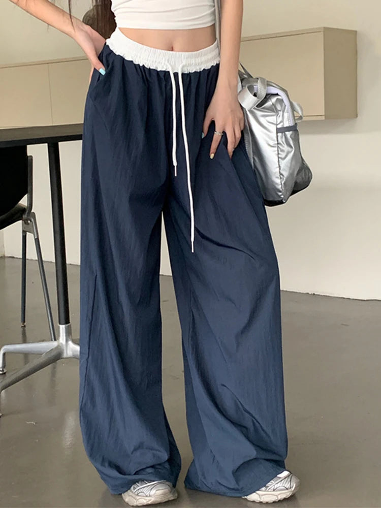 Mix Color Elastic Waist Wide Leg Pants Woman Summer Thin 2026 New High Waisted Casual Trousers Female Solid Loose Long Trousers