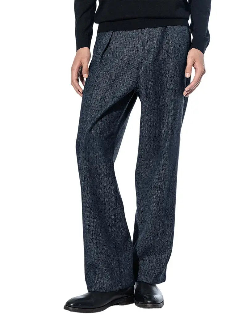 Men's Herringbone Tweed Dress Suit Pants Wool Blend High-Waisted Regular Fit Pleated Trousers Casual Retro Straight-Leg Slacks