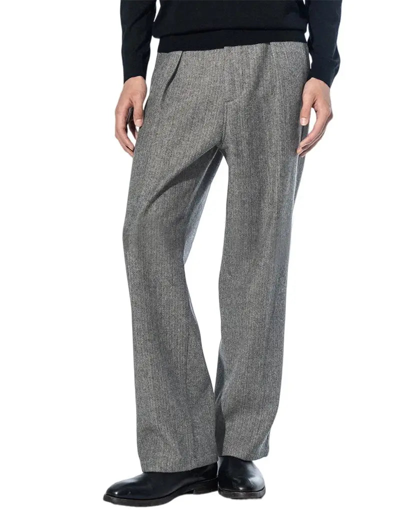 Men's Herringbone Tweed Dress Suit Pants Wool Blend High-Waisted Regular Fit Pleated Trousers Casual Retro Straight-Leg Slacks