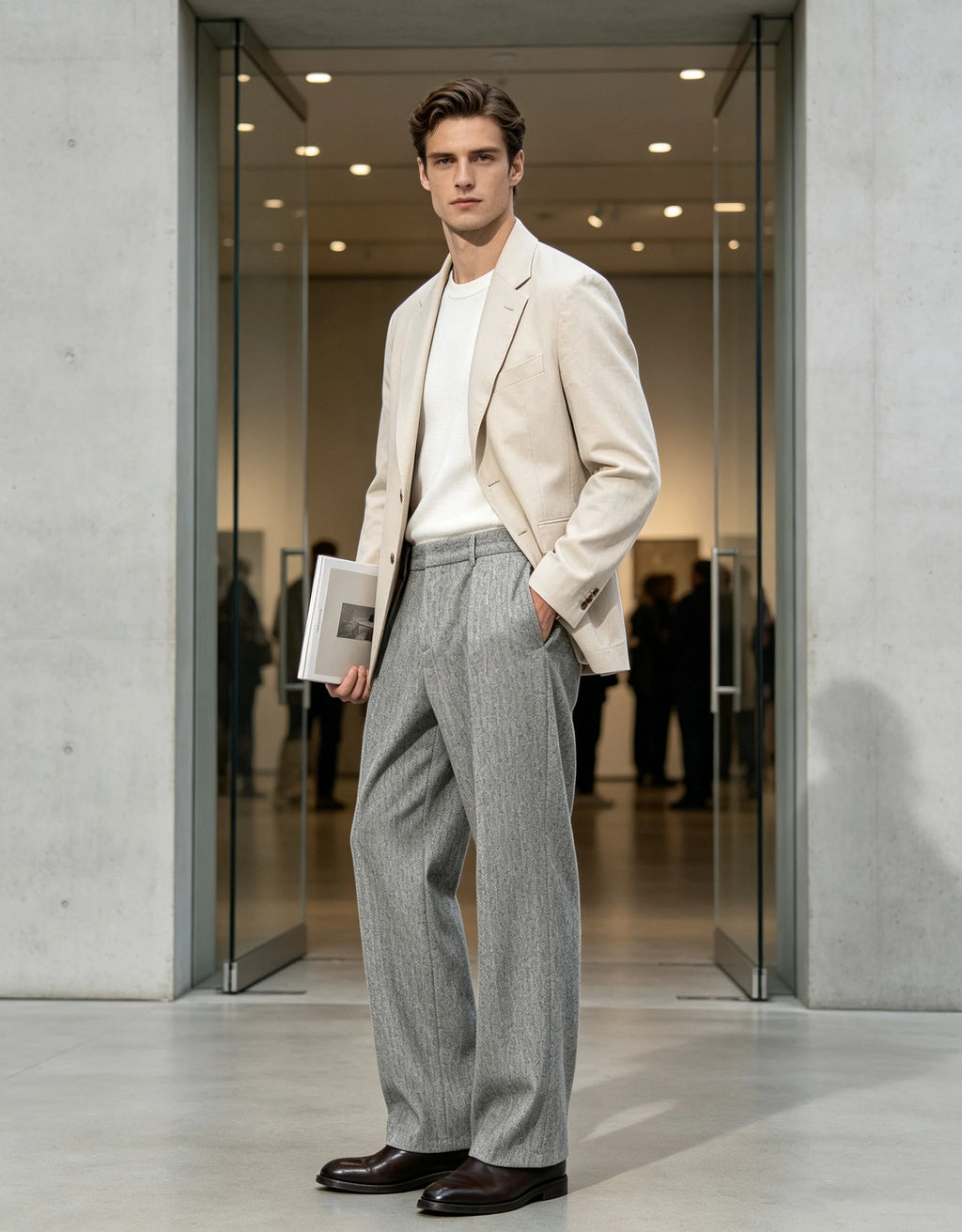 Men's Herringbone Tweed Dress Suit Pants Wool Blend High-Waisted Regular Fit Pleated Trousers Casual Retro Straight-Leg Slacks