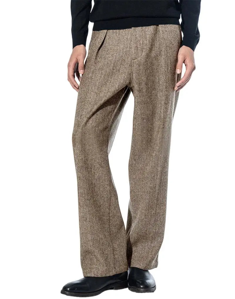 Men's Herringbone Tweed Dress Suit Pants Wool Blend High-Waisted Regular Fit Pleated Trousers Casual Retro Straight-Leg Slacks