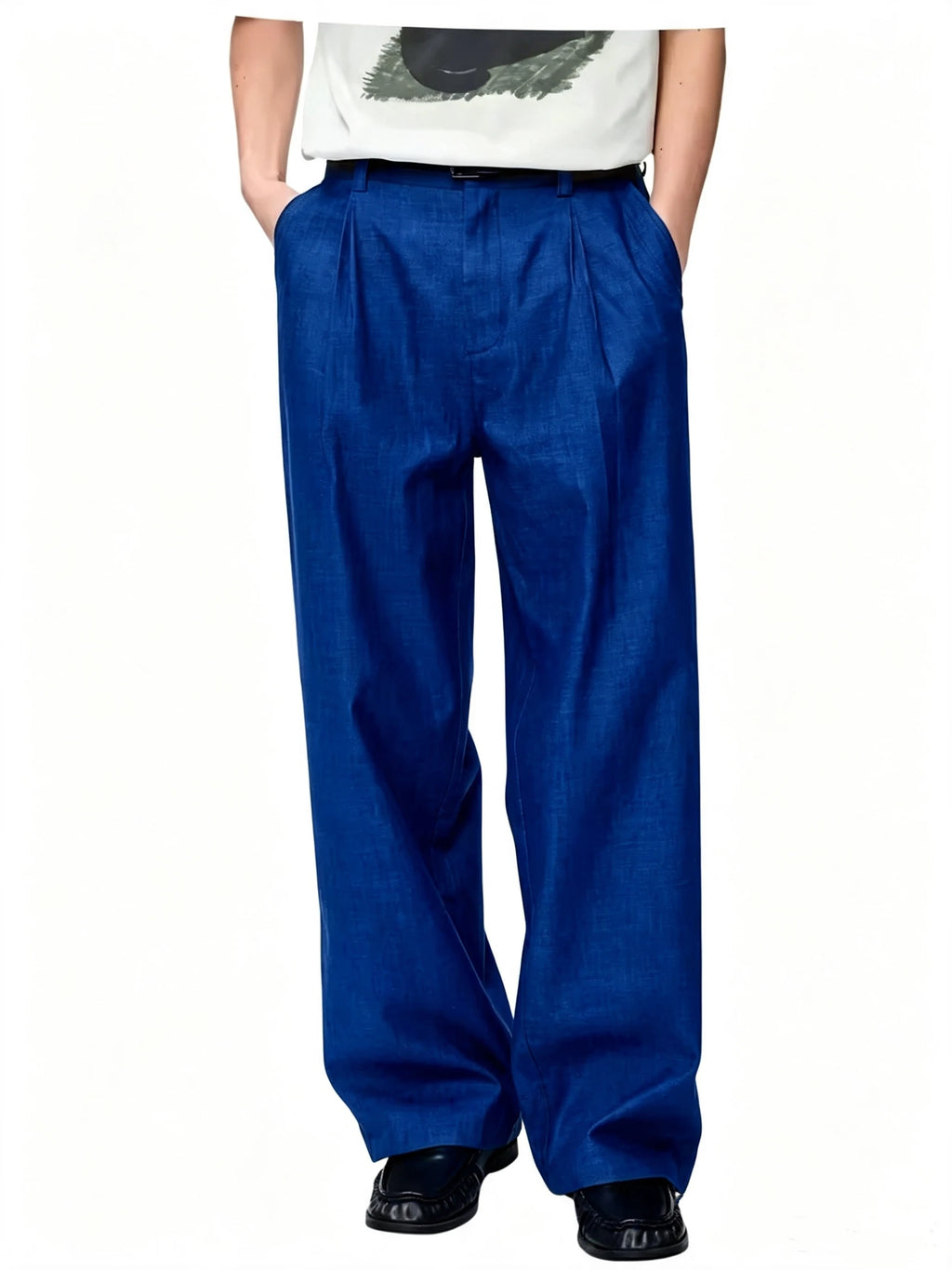 Men's Linen Wide Leg Dress Pants Casual Loose Fit Elastic Waist Lightweight Pleated Trousers Summer Beach Slacks Daily Wear
