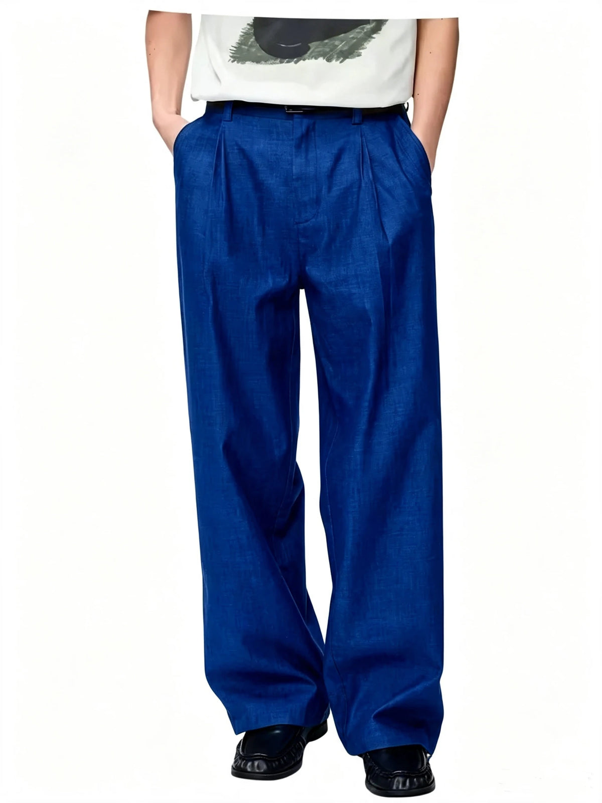 Men's Linen Wide Leg Dress Pants Casual Loose Fit Elastic Waist Lightweight Pleated Trousers Summer Beach Slacks Daily Wear