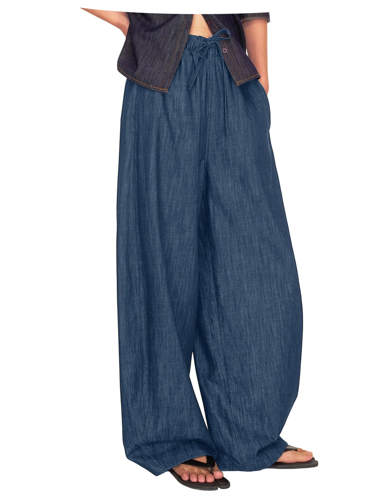 Men's Wide Leg Jeans Baggy Denim Pants Hip Hop Skater Trousers Casual Loose Fit Elastic Waist Drawstring Lightweight Slacks