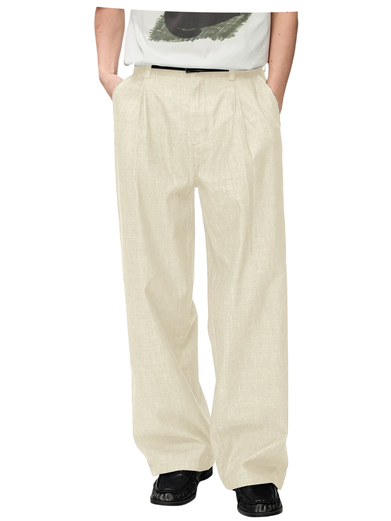 Men's Linen Wide Leg Dress Pants Casual Loose Fit Elastic Waist Lightweight Pleated Trousers Summer Beach Slacks Daily Wear