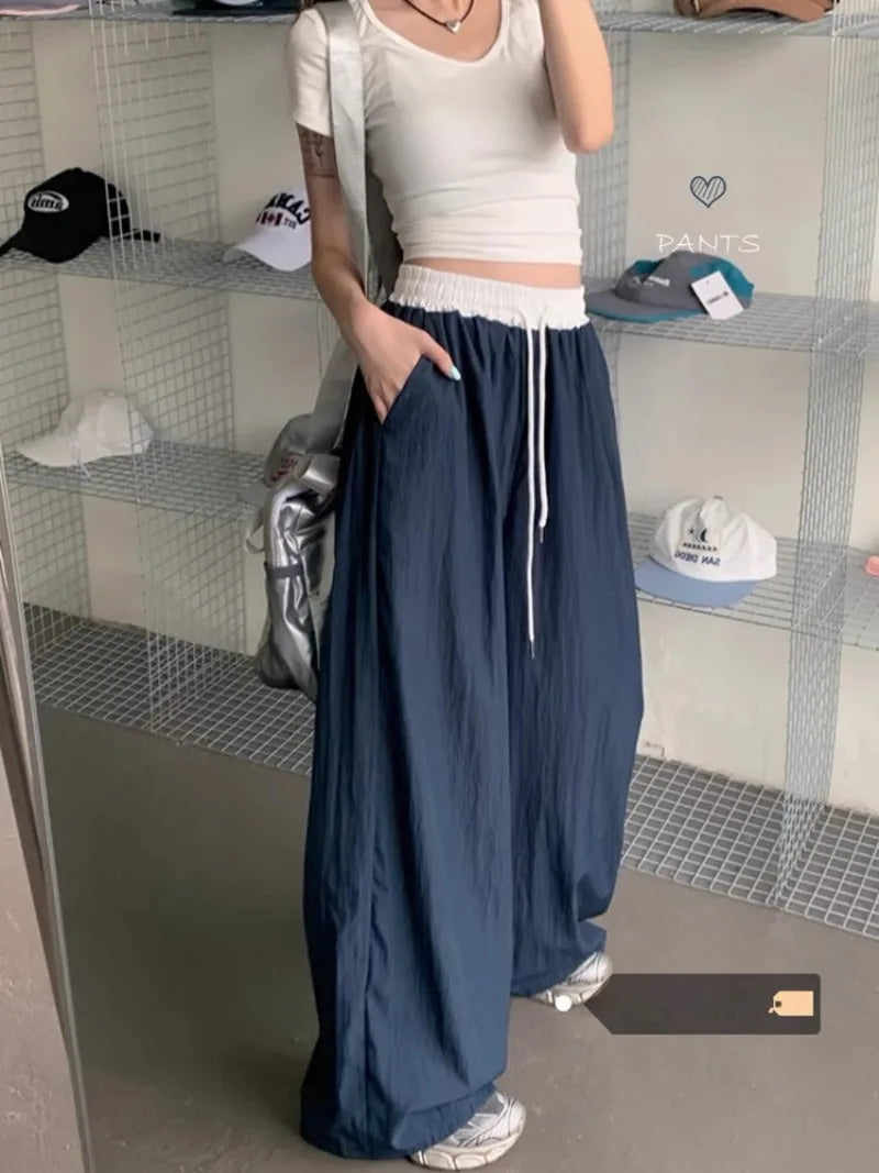 Mix Color Elastic Waist Wide Leg Pants Woman Summer Thin 2026 New High Waisted Casual Trousers Female Solid Loose Long Trousers